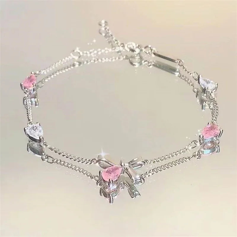 Bracelets for Women Shiny Pink Crystal Cherry Bloss Bow Flowers Zircon Bracelet Party Jewelry