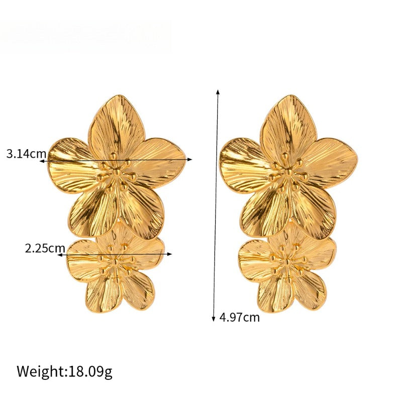 Butterfly Flower Casting Texture Ring Earrings Set 18K Gold Plated Trendy Jewelry