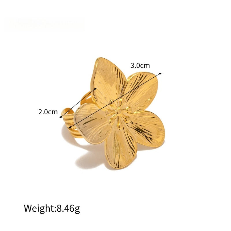Butterfly Flower Casting Texture Ring Earrings Set 18K Gold Plated Trendy Jewelry