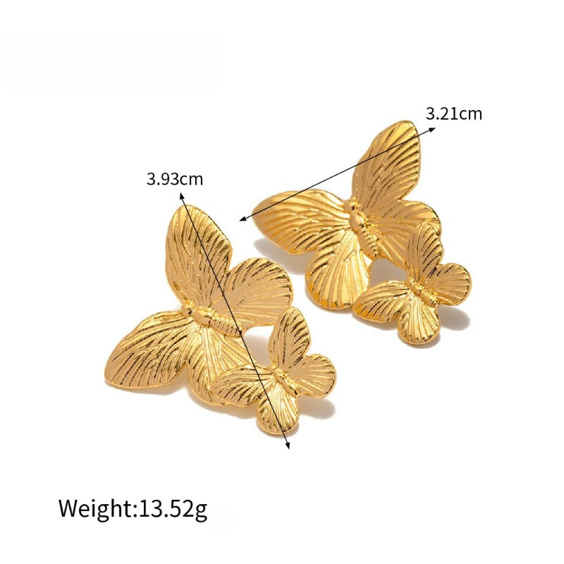 Butterfly Flower Casting Texture Ring Earrings Set 18K Gold Plated Trendy Jewelry
