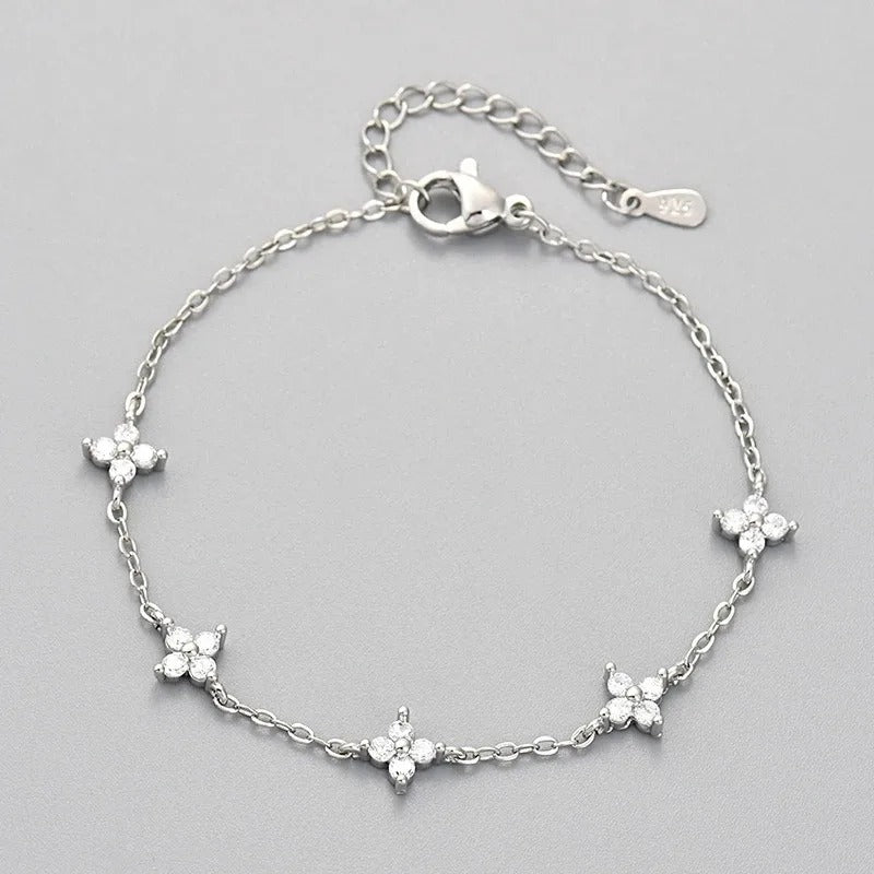 Silver Bracelets for Women 925 Sterling Silver Shiny Zircon Flower Wedding Jewelry