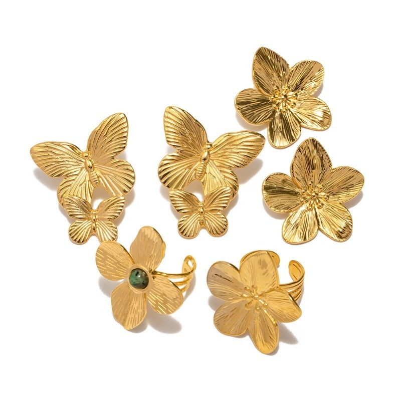 Butterfly Flower Casting Texture Ring Earrings Set 18K Gold Plated Trendy Jewelry