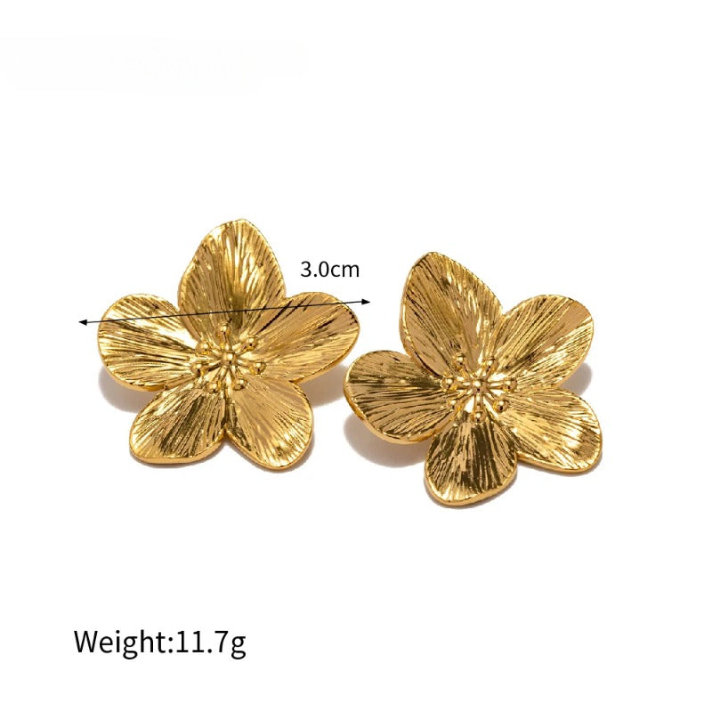 Butterfly Flower Casting Texture Ring Earrings Set 18K Gold Plated Trendy Jewelry