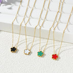 Gold Necklace for Women Five Leaf Petals Double Sided Pendant Flower Clover Jewelry