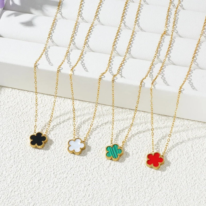 Gold Necklace for Women Five Leaf Petals Double Sided Pendant Flower Clover Jewelry