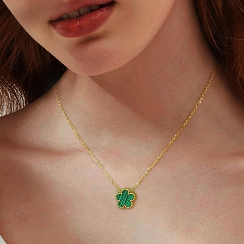 Gold Necklace for Women Five Leaf Petals Double Sided Pendant Flower Clover Jewelry