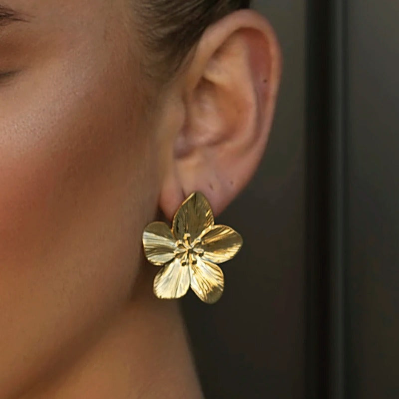 Butterfly Flower Casting Texture Ring Earrings Set 18K Gold Plated Trendy Jewelry