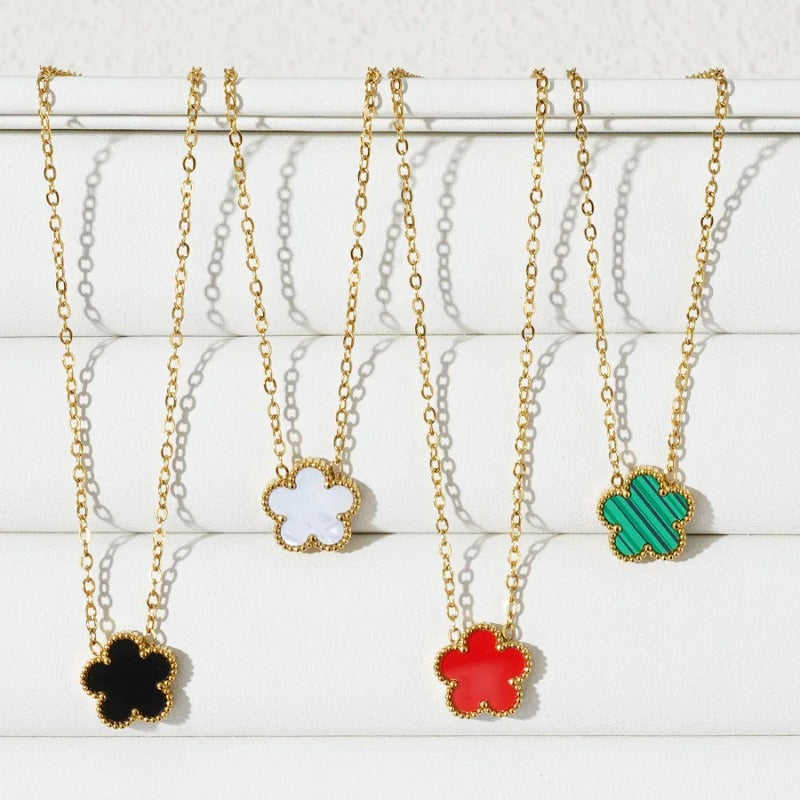 Gold Necklace for Women Five Leaf Petals Double Sided Pendant Flower Clover Jewelry