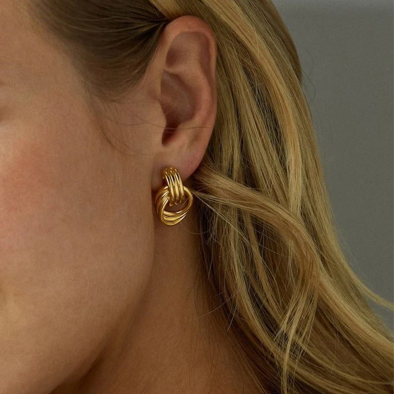Glossy Three Layer Textured Intersecting Knot Gold Earrings for Women  Earring Vintage Jewelry