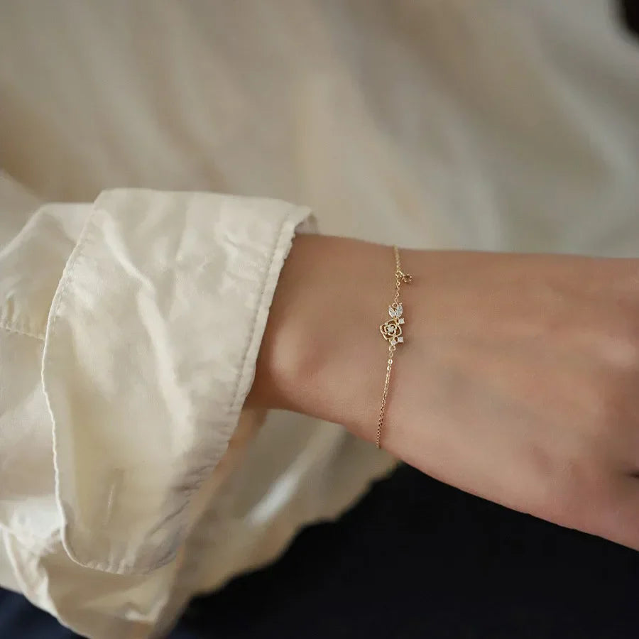 Gold Bracelets for Women Hollow Zircon Flower Bracelet 925 Sterling Silver Plating 14K Gold Jewelry