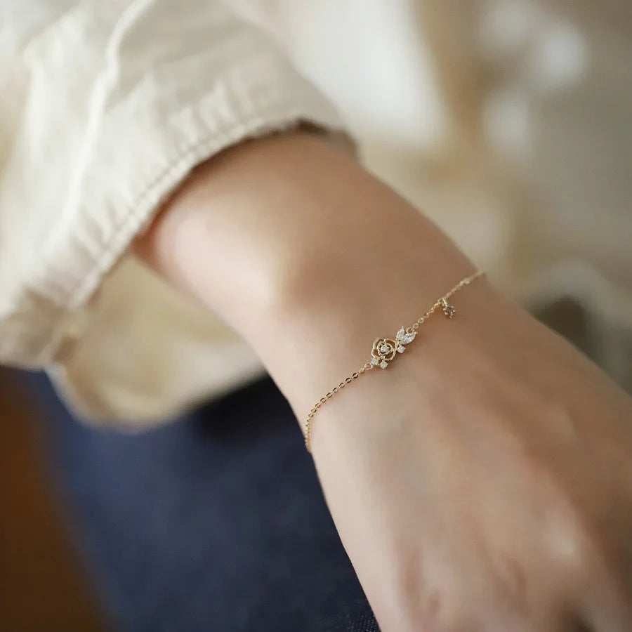 Gold Bracelets for Women Hollow Zircon Flower Bracelet 925 Sterling Silver Plating 14K Gold Jewelry
