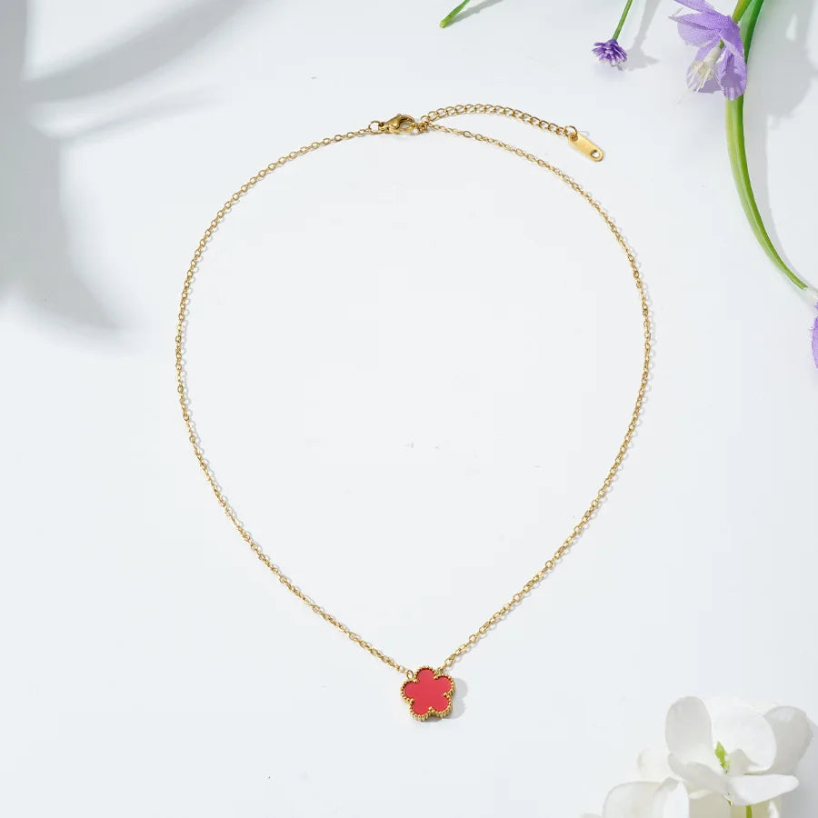 Gold Necklace for Women Five Leaf Petals Double Sided Pendant Flower Clover Jewelry