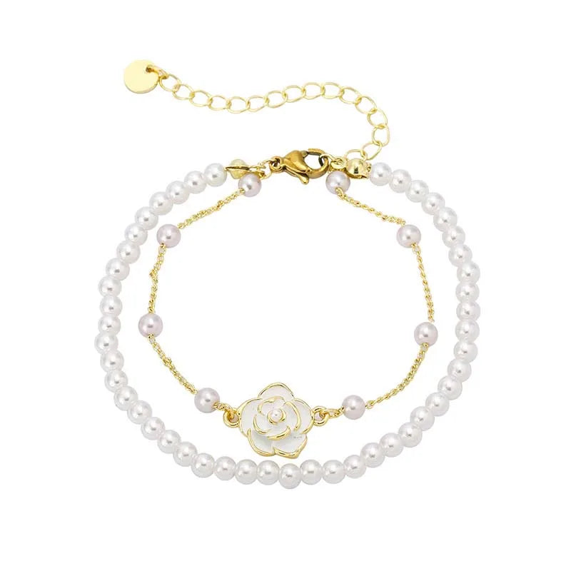 Vintage Bracelets for Women White Camellia Flower Elegant Double Layer Simulated Pearl Beads Bracelet Jewelry 2025