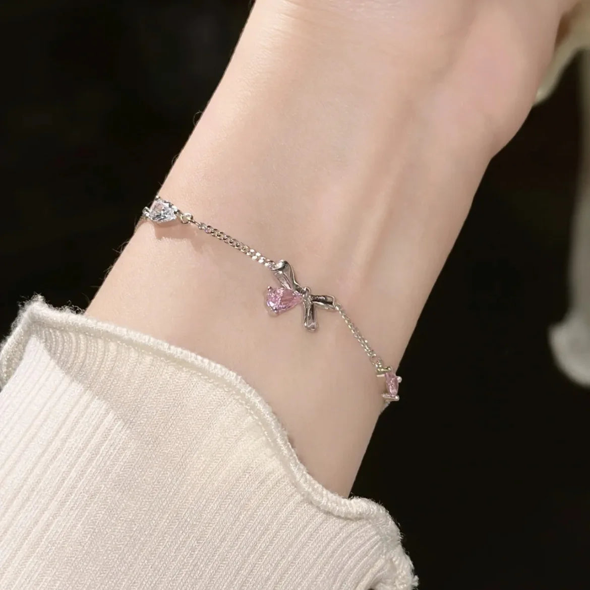 Bracelets for Women Shiny Pink Crystal Cherry Bloss Bow Flowers Zircon Bracelet Party Jewelry