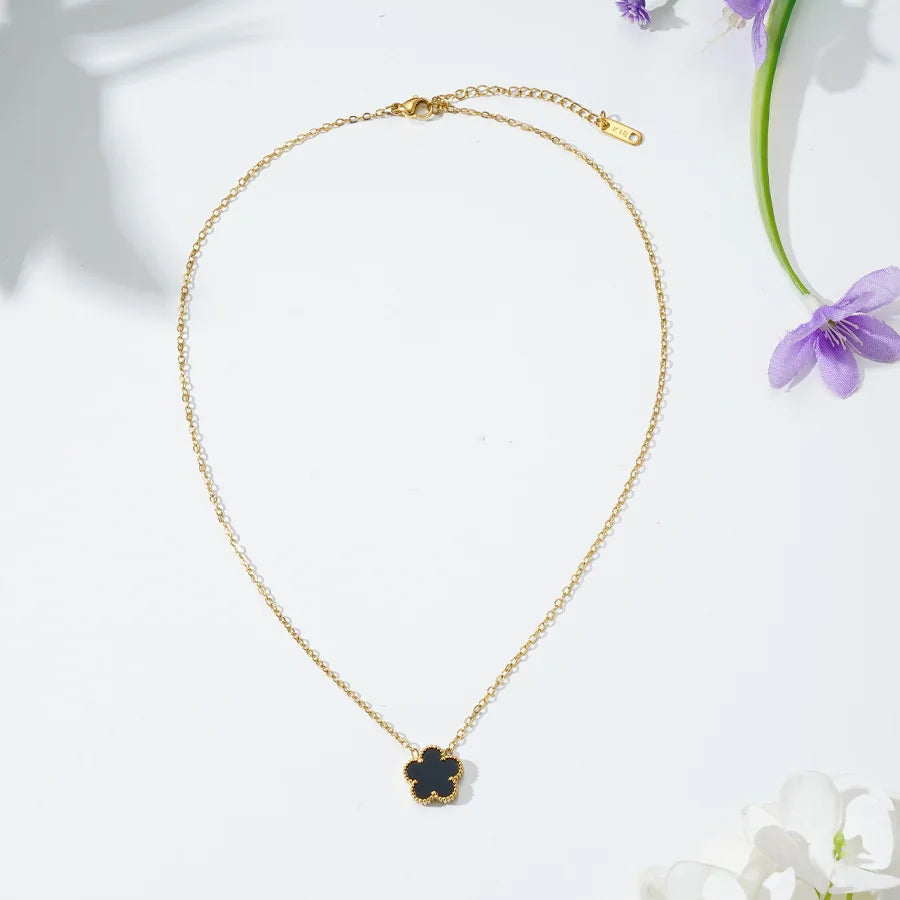 Gold Necklace for Women Five Leaf Petals Double Sided Pendant Flower Clover Jewelry