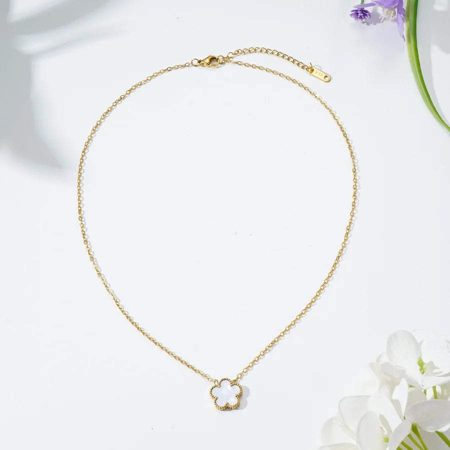 Gold Necklace for Women Five Leaf Petals Double Sided Pendant Flower Clover Jewelry