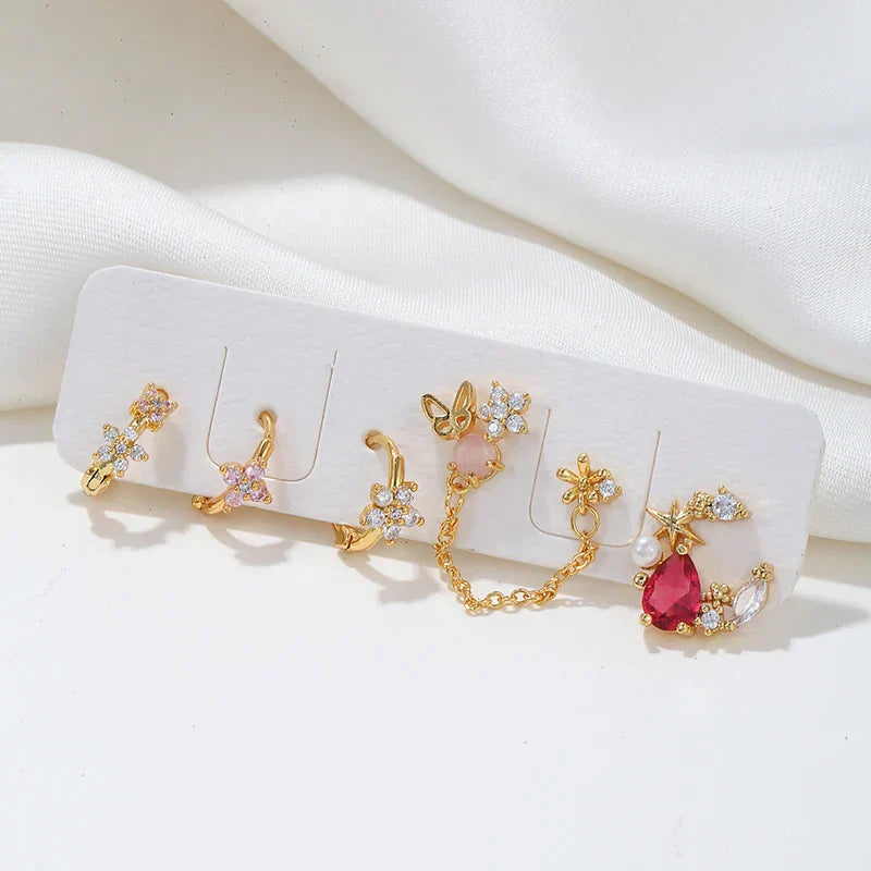 Exquisite Gold Flower Earrings for Women Pink Zircon Piercing Hoop Earrings Set Jewelry