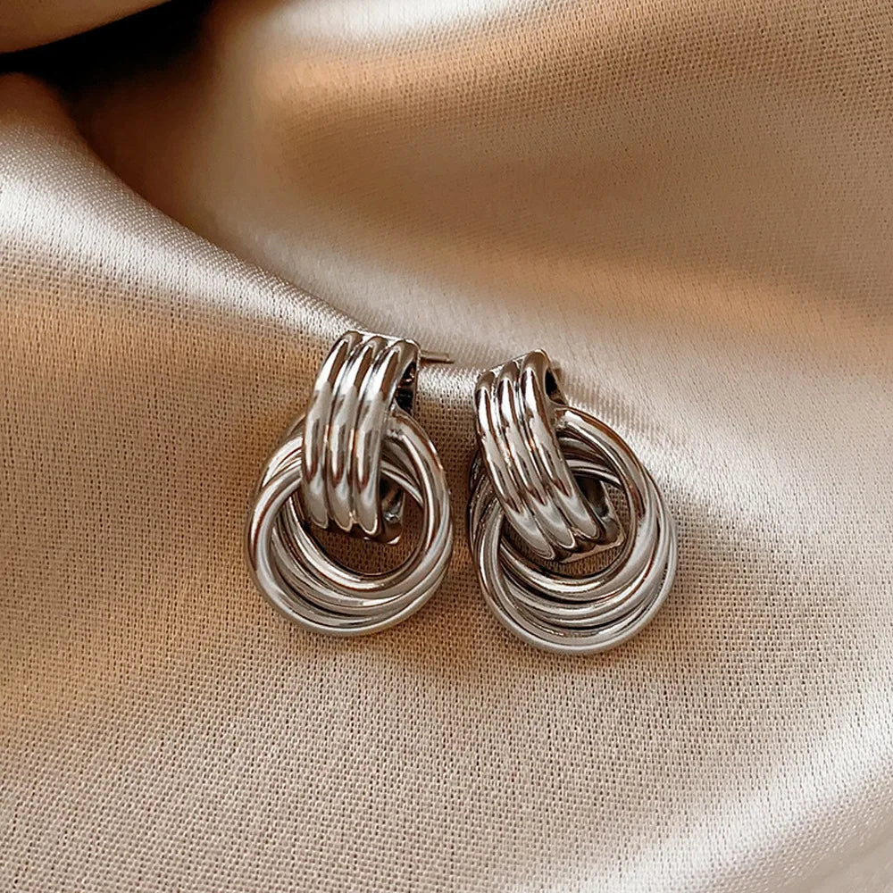 Glossy Three Layer Textured Intersecting Knot Gold Earrings for Women  Earring Vintage Jewelry