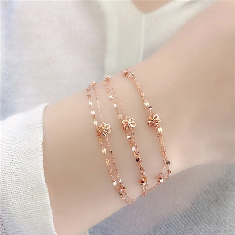 Gold Bracelets for Women 585 Purple Flower Double Plated 14K Rose Gold Sparkling Party Jewelry