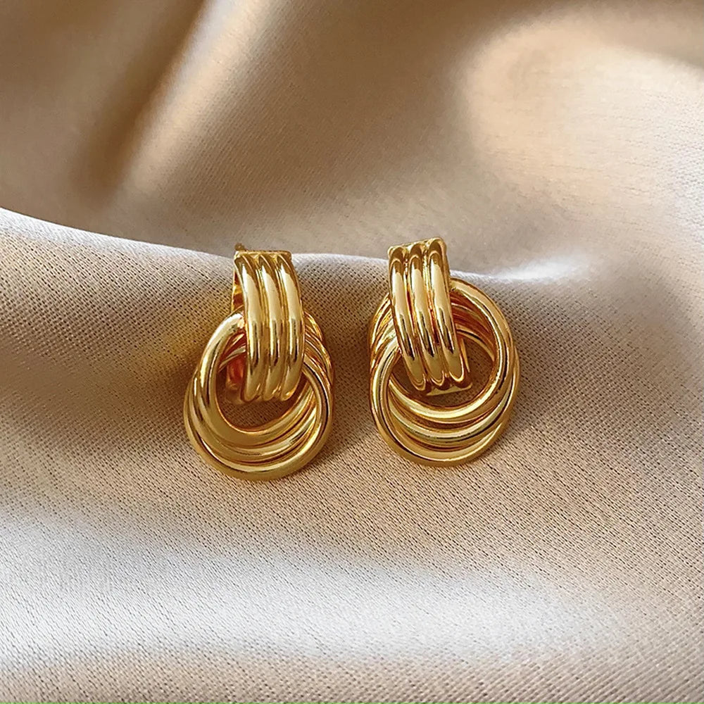 Glossy Three Layer Textured Intersecting Knot Gold Earrings for Women  Earring Vintage Jewelry