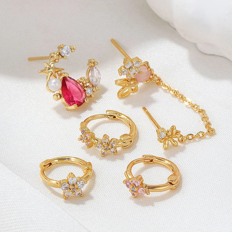 Exquisite Gold Flower Earrings for Women Pink Zircon Piercing Hoop Earrings Set Jewelry