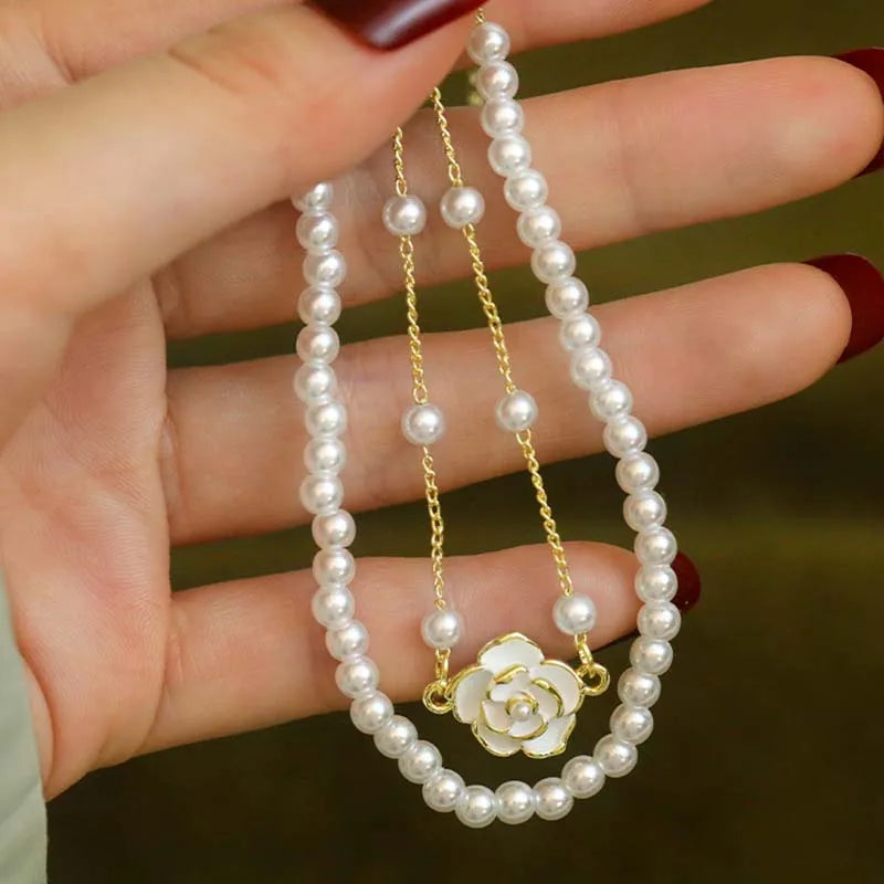 Vintage Bracelets for Women White Camellia Flower Elegant Double Layer Simulated Pearl Beads Bracelet Jewelry 2025