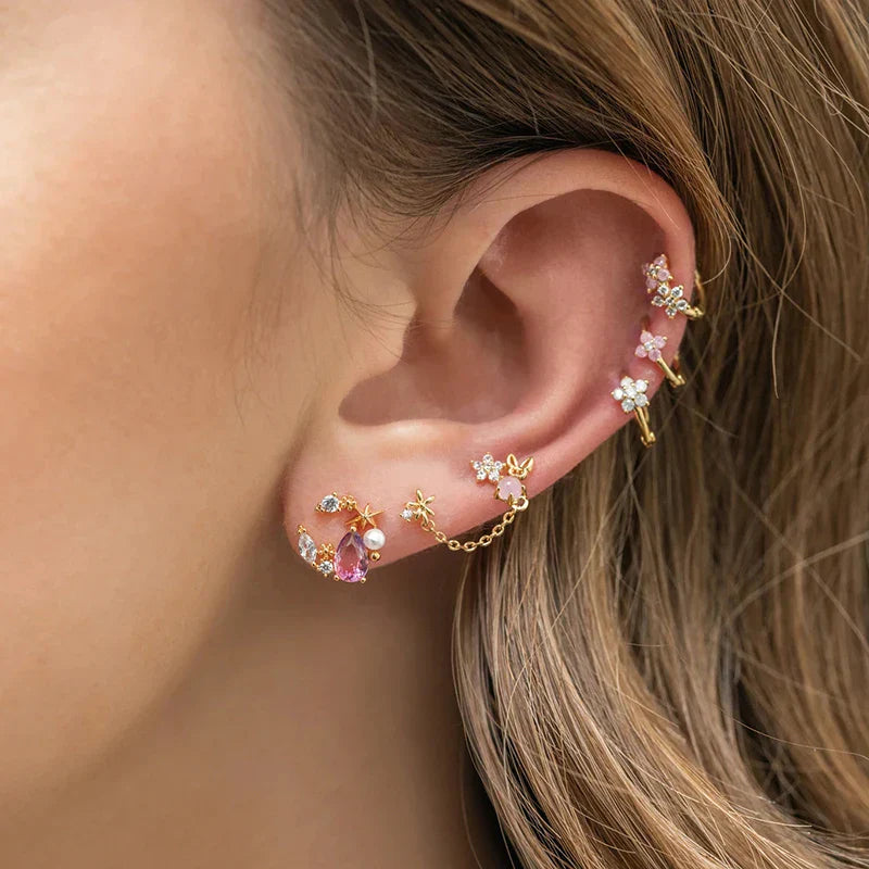 Exquisite Gold Flower Earrings for Women Pink Zircon Piercing Hoop Earrings Set Jewelry