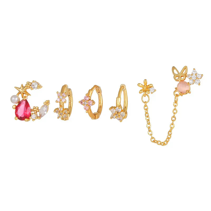 Exquisite Gold Flower Earrings for Women Pink Zircon Piercing Hoop Earrings Set Jewelry