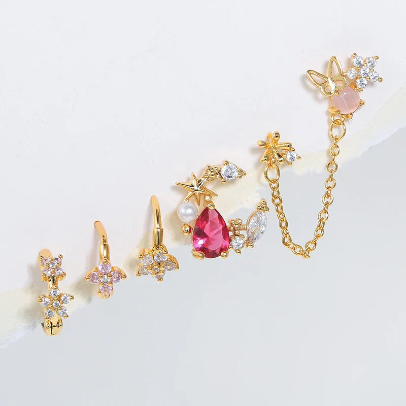 Exquisite Gold Flower Earrings for Women Pink Zircon Piercing Hoop Earrings Set Jewelry