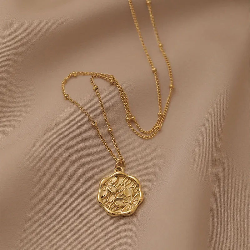 Gold Necklaces for Women 316L  Round Relief Flowers Pendant Jewelry Party Gifts