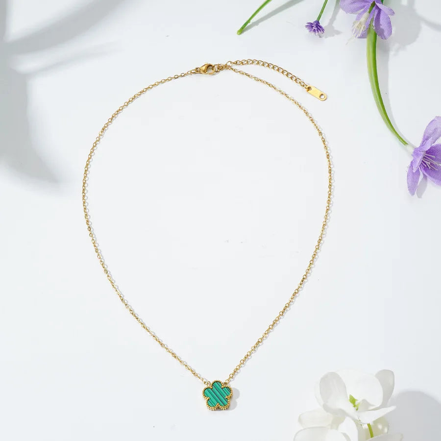 Gold Necklace for Women Five Leaf Petals Double Sided Pendant Flower Clover Jewelry