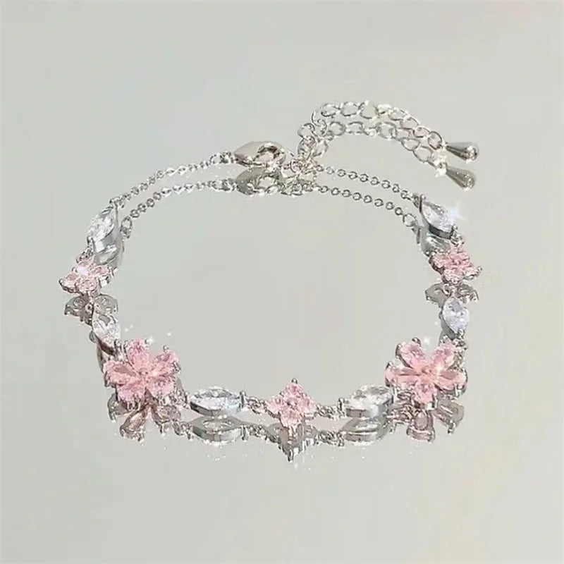 Bracelets for Women Shiny Pink Crystal Cherry Bloss Bow Flowers Zircon Bracelet Party Jewelry