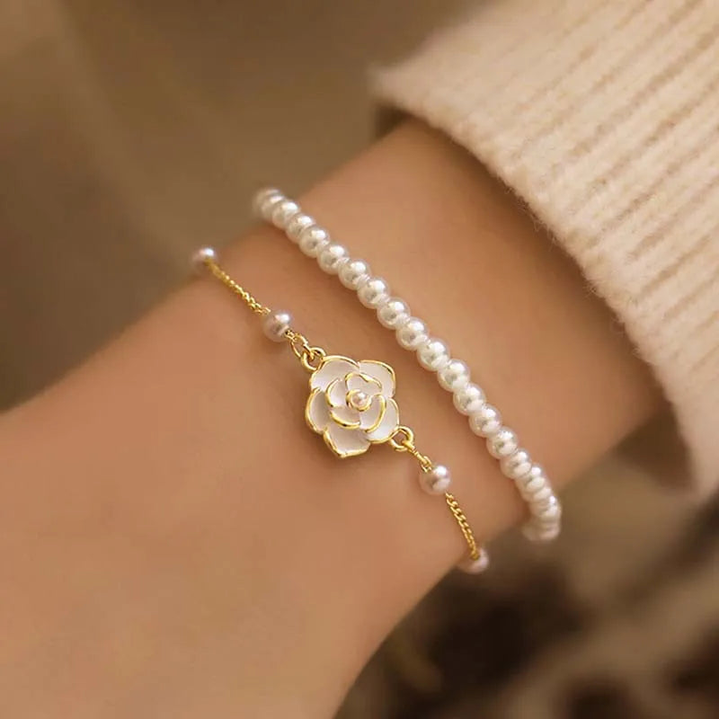 Vintage Bracelets for Women White Camellia Flower Elegant Double Layer Simulated Pearl Beads Bracelet Jewelry 2025