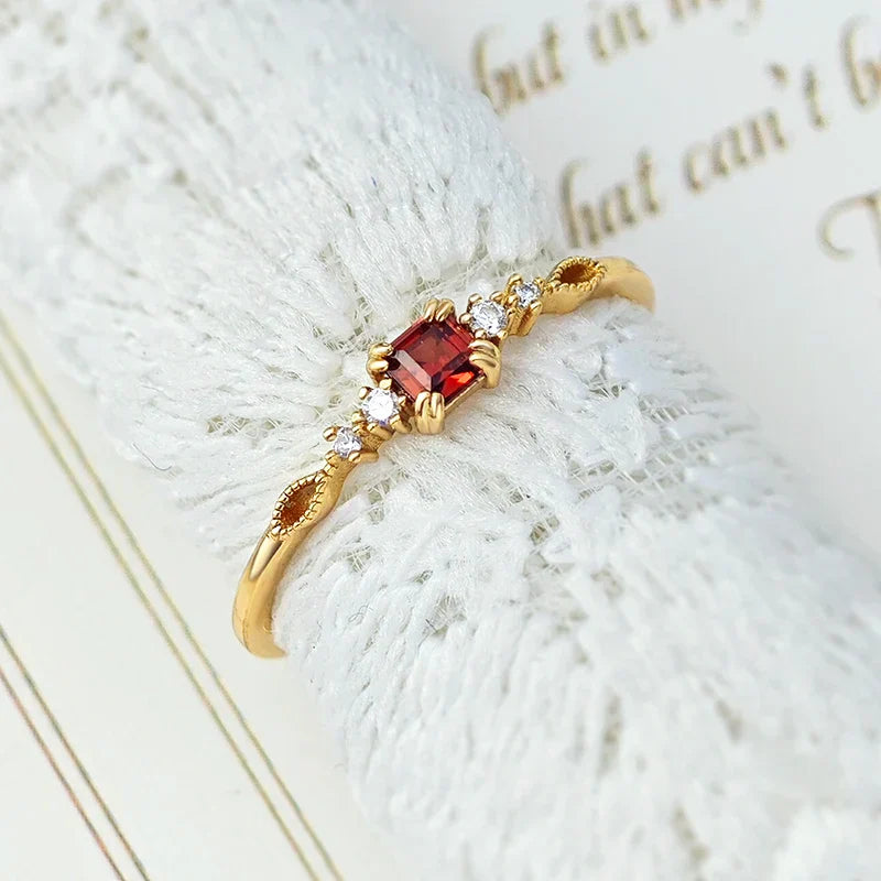 Natural Garnet Ring For Women Gemstone Thin Rings 925 Sterling Silver Gold Vermeil Jewelry Friendship Gift