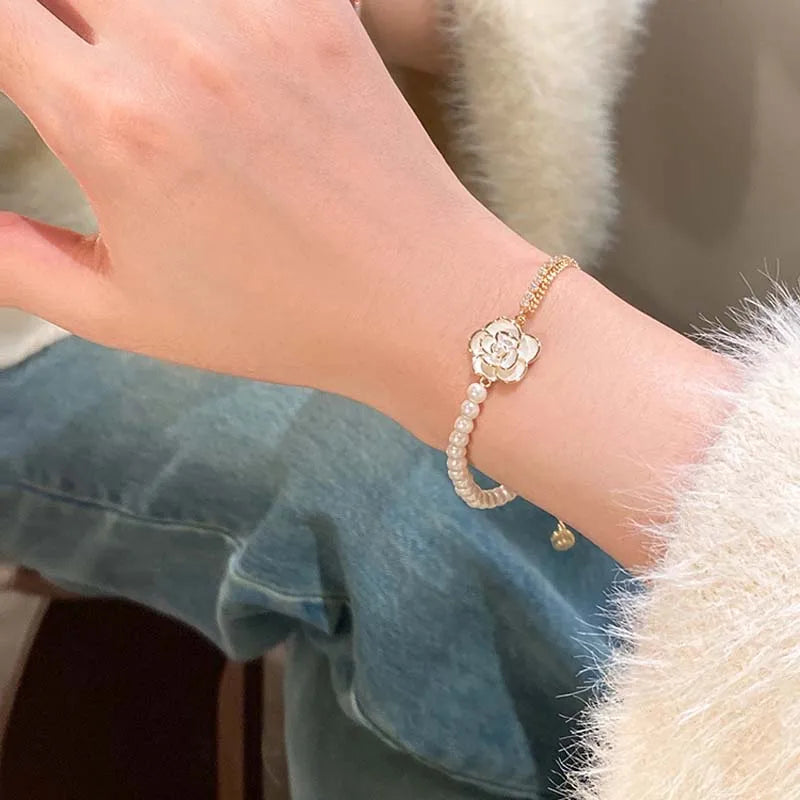Vintage Bracelets for Women White Camellia Flower Elegant Double Layer Simulated Pearl Beads Bracelet Jewelry 2025