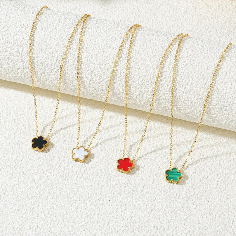 Gold Necklace for Women Five Leaf Petals Double Sided Pendant Flower Clover Jewelry