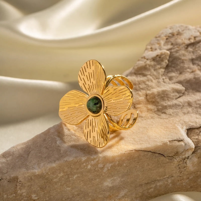 Butterfly Flower Casting Texture Ring Earrings Set 18K Gold Plated Trendy Jewelry