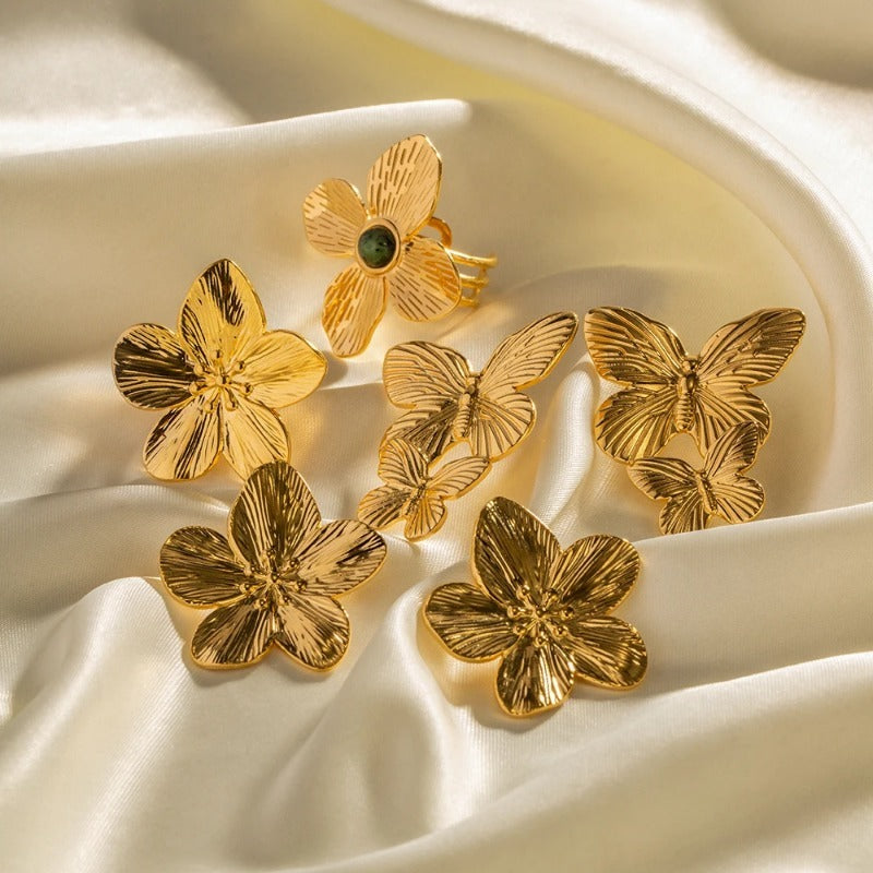 Butterfly Flower Casting Texture Ring Earrings Set 18K Gold Plated Trendy Jewelry