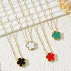 Gold Necklace for Women Five Leaf Petals Double Sided Pendant Flower Clover Jewelry