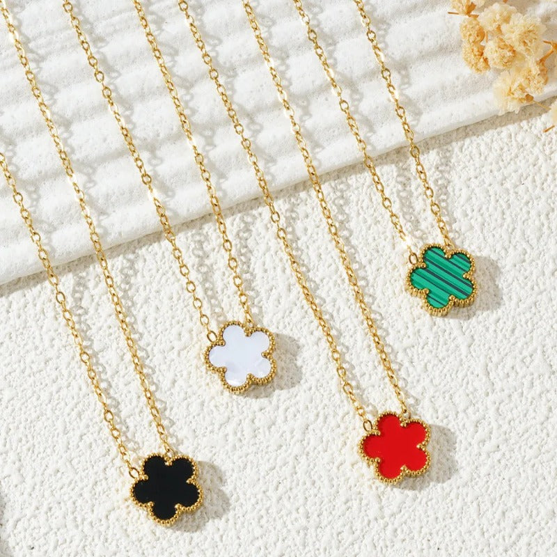 Gold Necklace for Women Five Leaf Petals Double Sided Pendant Flower Clover Jewelry