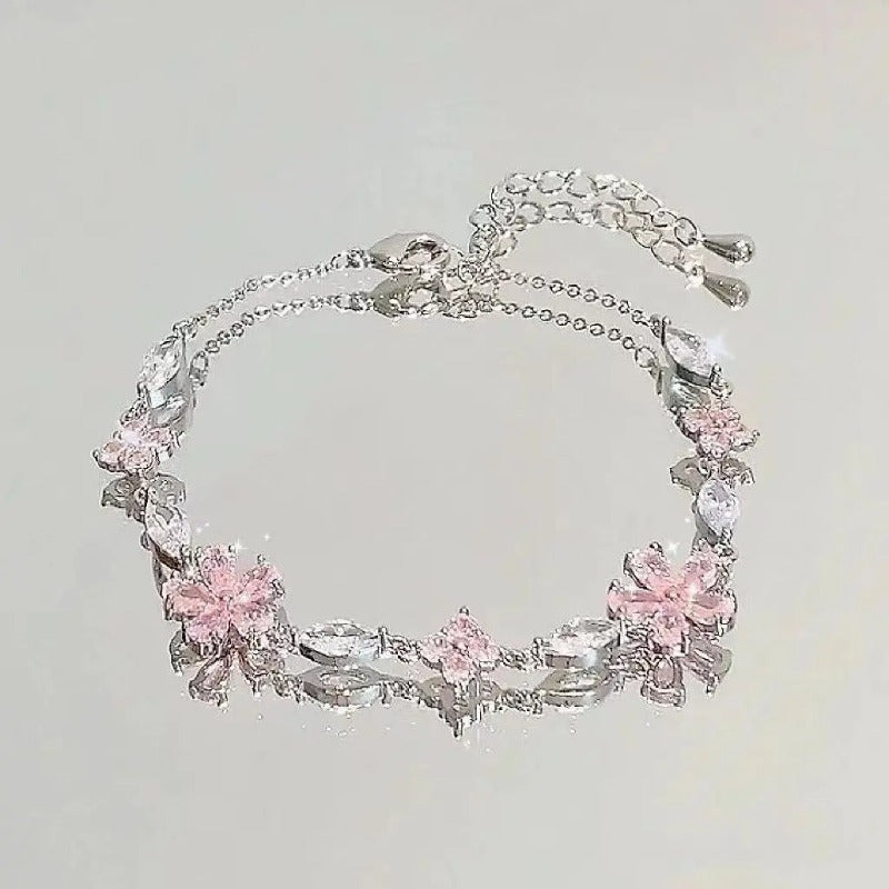 Bracelets for Women Shiny Pink Crystal Cherry Bloss Bow Flowers Zircon Bracelet Party Jewelry
